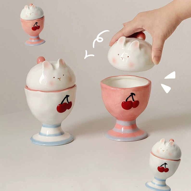 Tasse en céramique en forme de lapin avec couvercle et base à pied, 260 ml, blanc/rose