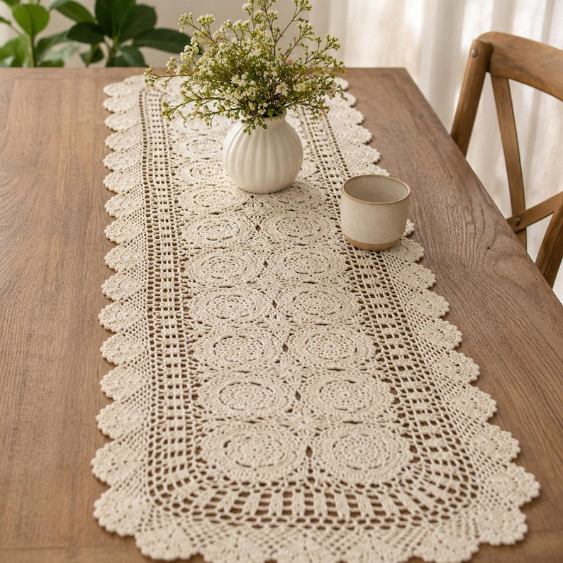 Chemin de table au crochet en coton 100% beige, tapis de table ovale bohème, décoration de salle à manger ferme