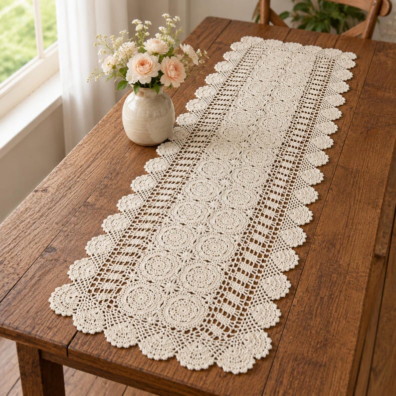 Chemin de table au crochet en coton 100% beige, tapis de table ovale bohème, décoration de salle à manger ferme