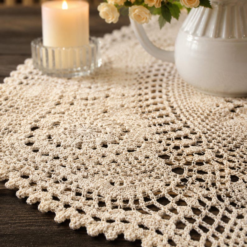 Chemin de table au crochet en coton 100% beige, tapis de table ovale bohème, décoration de salle à manger ferme