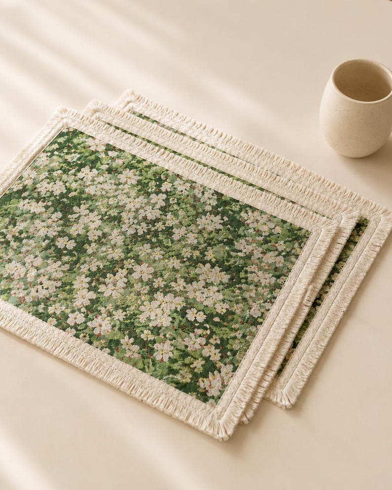 Set de table tissé floral vert 30x45 cm avec franges, textile de cuisine cottage