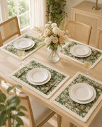 Set de table tissé floral vert 30x45 cm avec franges, textile de cuisine cottage