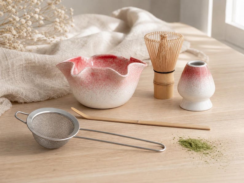 Bol à matcha fait main en céramique forme fleur rouge et blanc avec bec verseur
