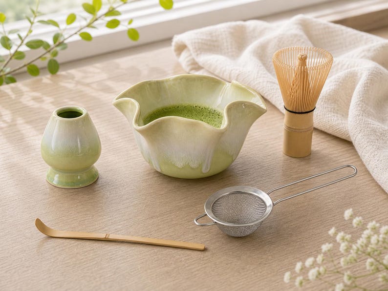 Bol à Matcha en Céramique Vert Printemps Forme Fleur avec Bec Verseur et Support - Ensemble Cadeau pour Thé Matcha