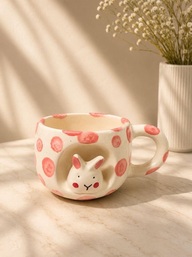 Mug en céramique lapin avec pois roses tasse à café 250-300 ml