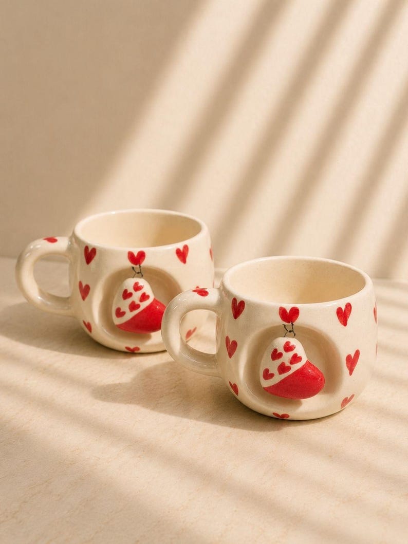 Tasse à breloques coeur en céramique grès ivoire – Motif coeurs rouges peints à la main