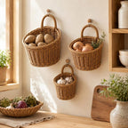 Ensemble de 3 paniers suspendus en rotin, rangement mural en osier, style rustique