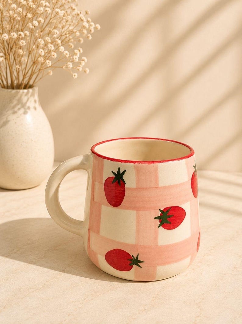 Mug fraise en céramique fait main, tasse cottagecore à carreaux vichy rose