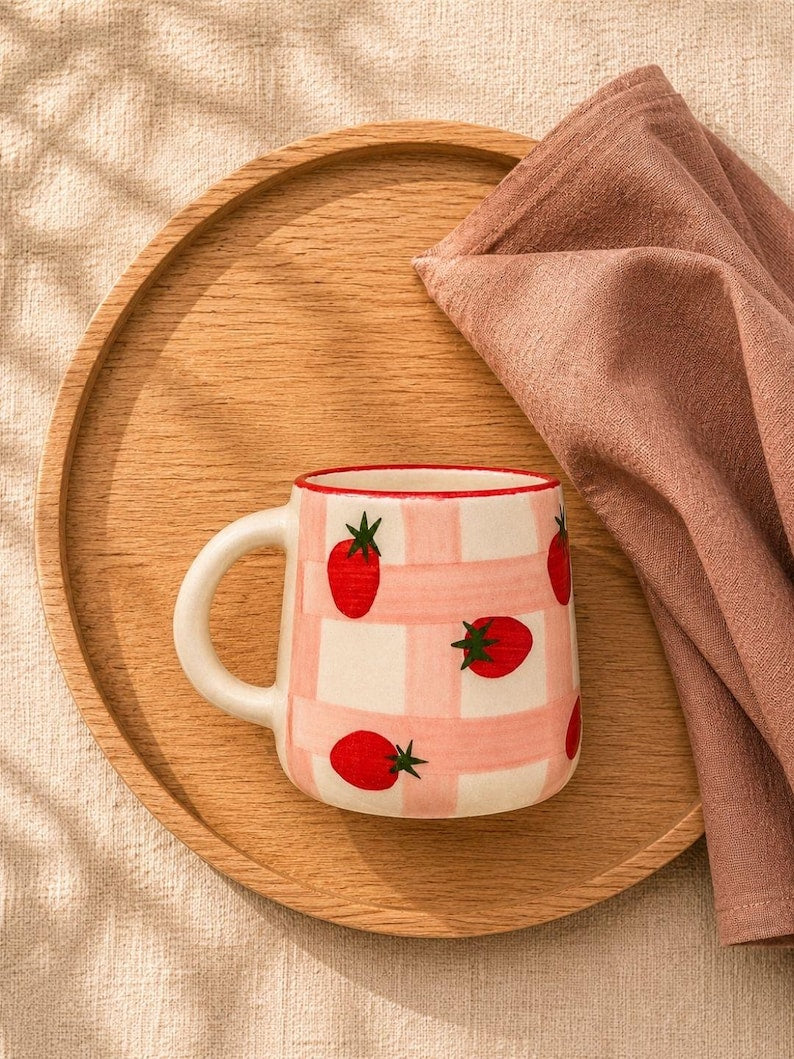 Mug fraise en céramique fait main, tasse cottagecore à carreaux vichy rose