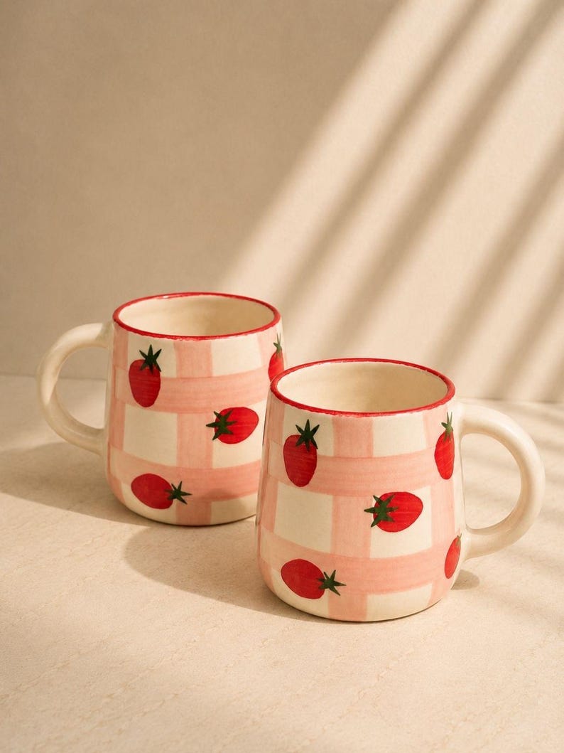 Mug fraise en céramique fait main, tasse cottagecore à carreaux vichy rose