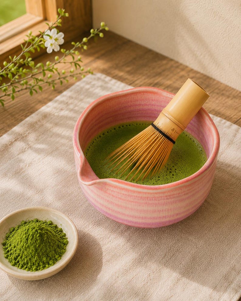 Bol à matcha lavande brumeux avec porte-cuillère et accessoires en céramique faits main, 400 ml