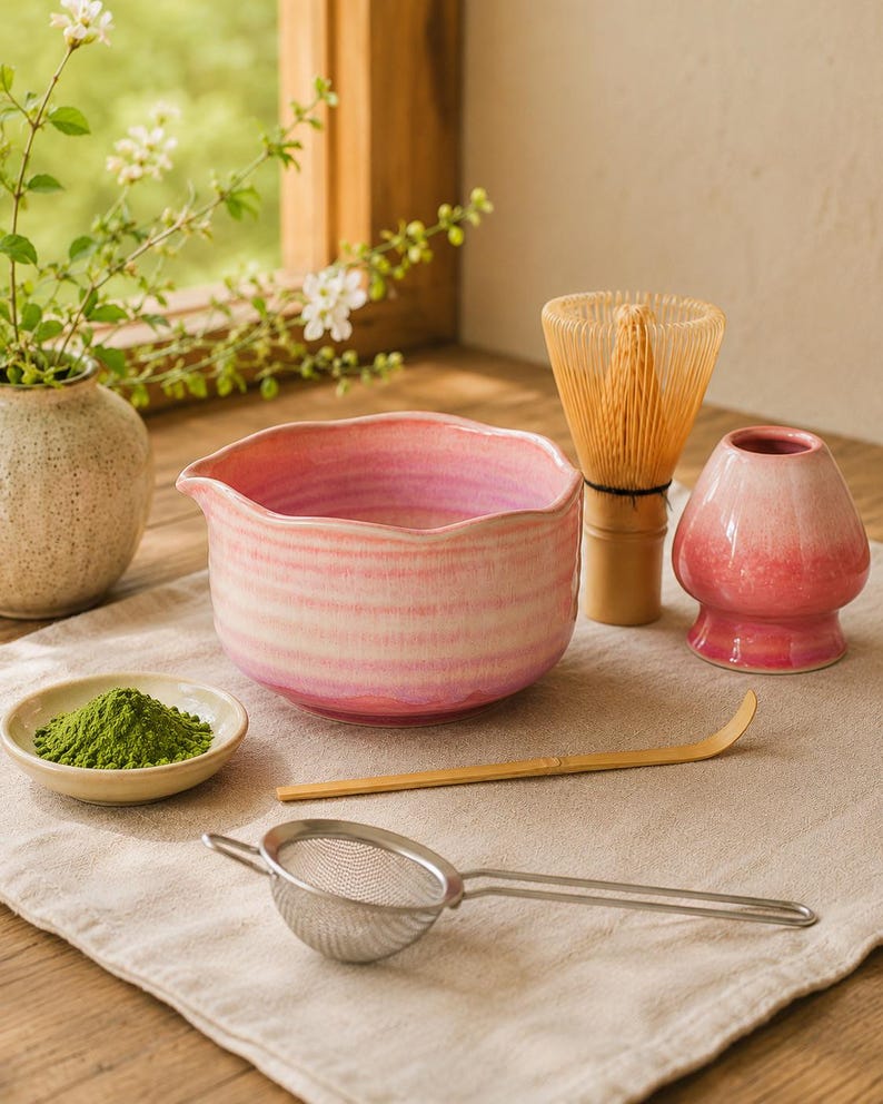 Bol à matcha lavande brumeux avec porte-cuillère et accessoires en céramique faits main, 400 ml