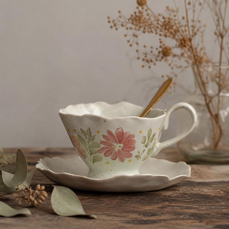 Service à thé floral en céramique artisanale, tasse à café vintage style cottagecore avec soucoupe