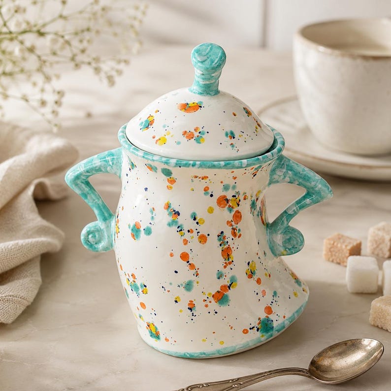 Sucrier en céramique avec couvercle, pot à sucre à glaçure mouchetée avec anses, boîte de rangement de cuisine pour station café