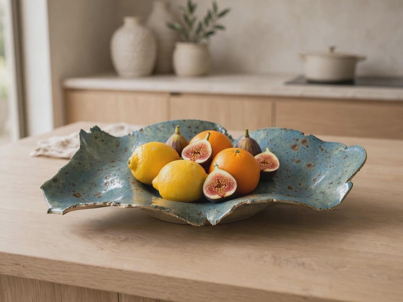 Vide-poche en céramique artisanale, saladier à fruits sculptural bleu-vert, décoration de table en grès à paillettes