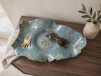 Vide-poche en céramique artisanale, saladier à fruits sculptural bleu-vert, décoration de table en grès à paillettes