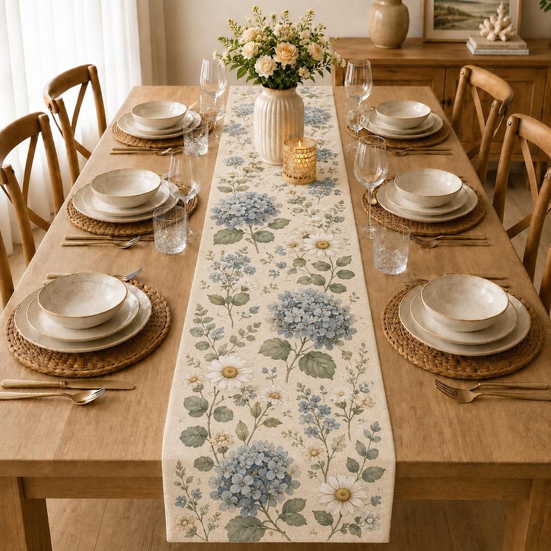 Chemin de table matelassé hortensia floral en lin coton 35x120 cm