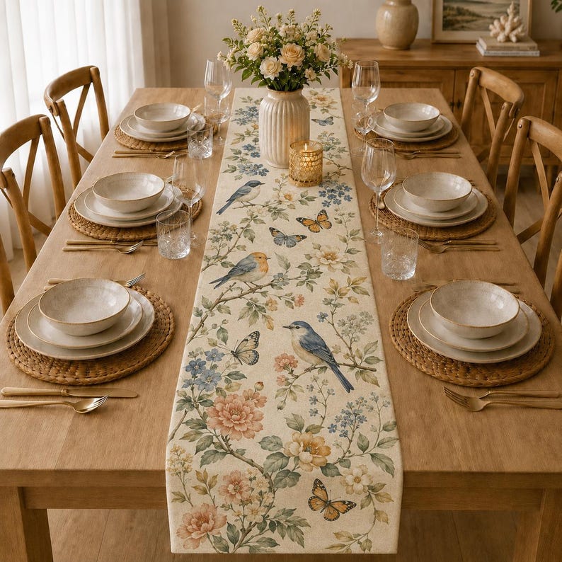 Chemin de table matelassé en coton et lin oiseau et papillon floral vintage