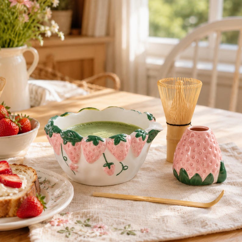 Bol à matcha rose fraise avec bec verseur, chawan en céramique artisanale, style cottage