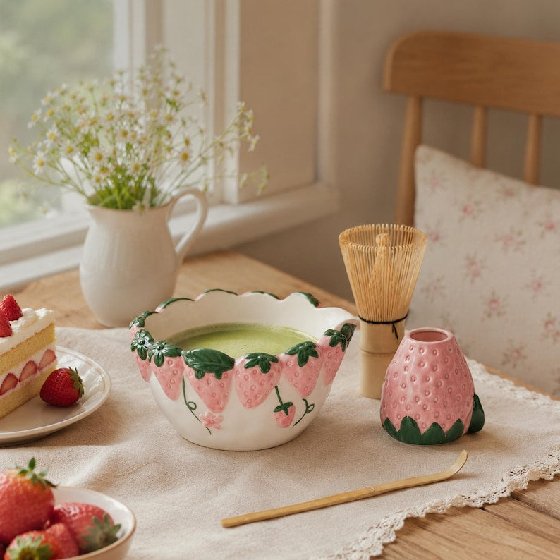 Bol à matcha rose fraise avec bec verseur, chawan en céramique artisanale, style cottage