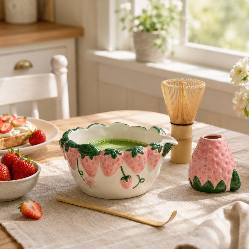Bol à matcha rose fraise avec bec verseur, chawan en céramique artisanale, style cottage