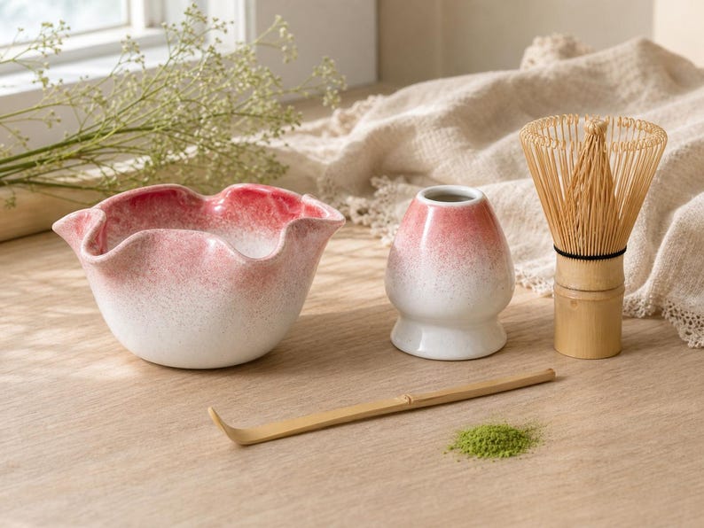 Bol à matcha fait main en céramique forme fleur rouge et blanc avec bec verseur
