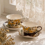 Tasse à café artisanale en céramique avec soucoupe, mug en faïence jaune à motifs floraux et botaniques