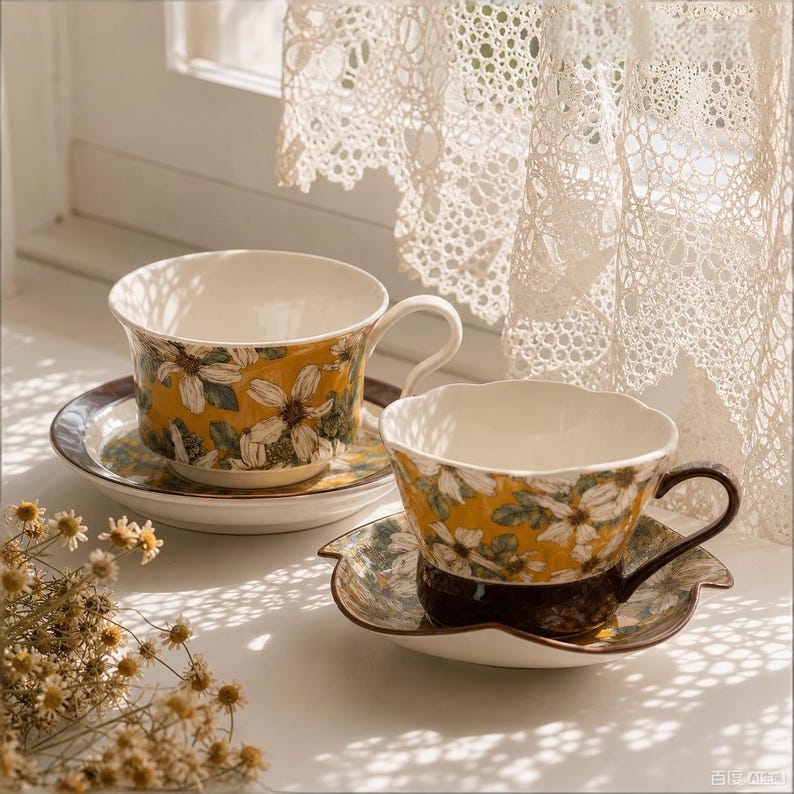 Tasse à café artisanale en céramique avec soucoupe, mug en faïence jaune à motifs floraux et botaniques