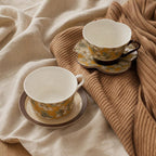Tasse à café artisanale en céramique avec soucoupe, mug en faïence jaune à motifs floraux et botaniques