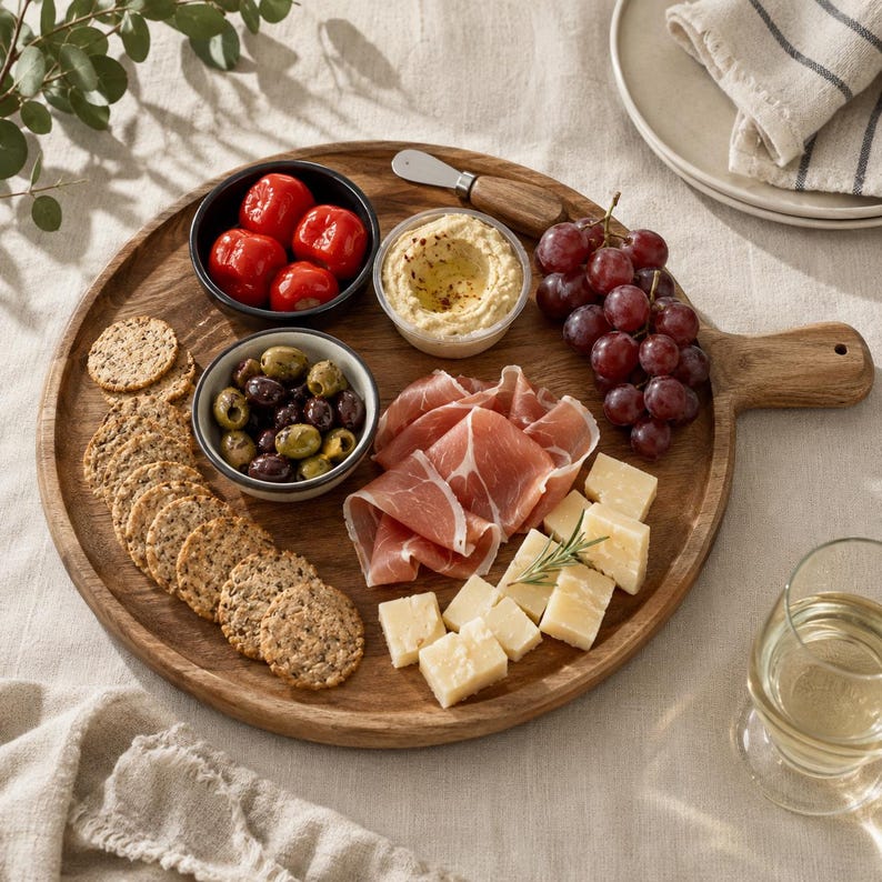 Planche à charcuterie ronde en bois d'acacia avec poignée, 13 pouces