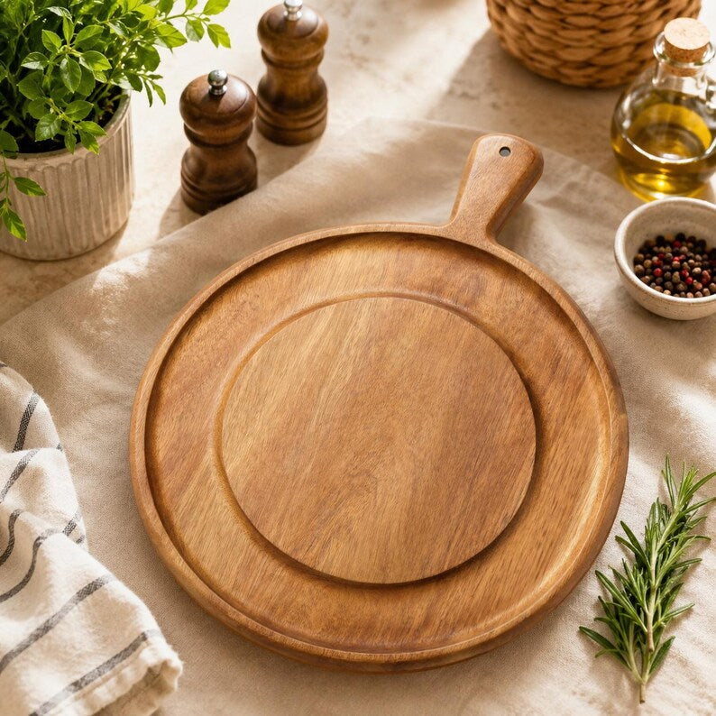 Planche à charcuterie ronde en bois d'acacia avec poignée, 13 pouces