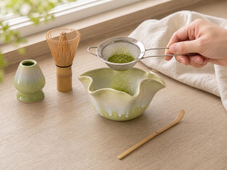 Bol à Matcha en Céramique Vert Printemps Forme Fleur avec Bec Verseur et Support - Ensemble Cadeau pour Thé Matcha