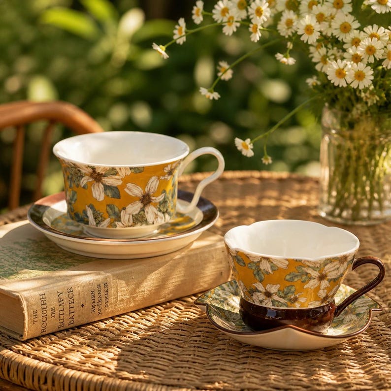 Tasse à café artisanale en céramique avec soucoupe, mug en faïence jaune à motifs floraux et botaniques