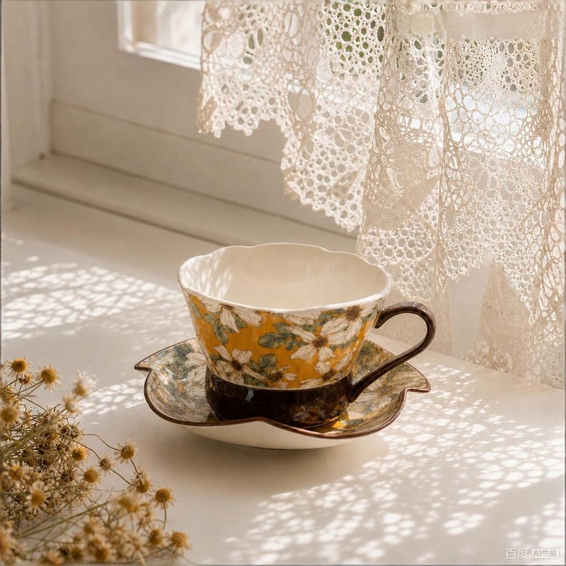 Tasse à café artisanale en céramique avec soucoupe, mug en faïence jaune à motifs floraux et botaniques