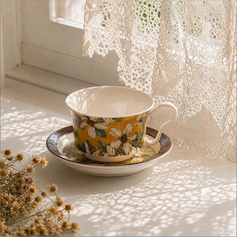 Tasse à café artisanale en céramique avec soucoupe, mug en faïence jaune à motifs floraux et botaniques