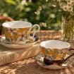 Tasse à café artisanale en céramique avec soucoupe, mug en faïence jaune à motifs floraux et botaniques